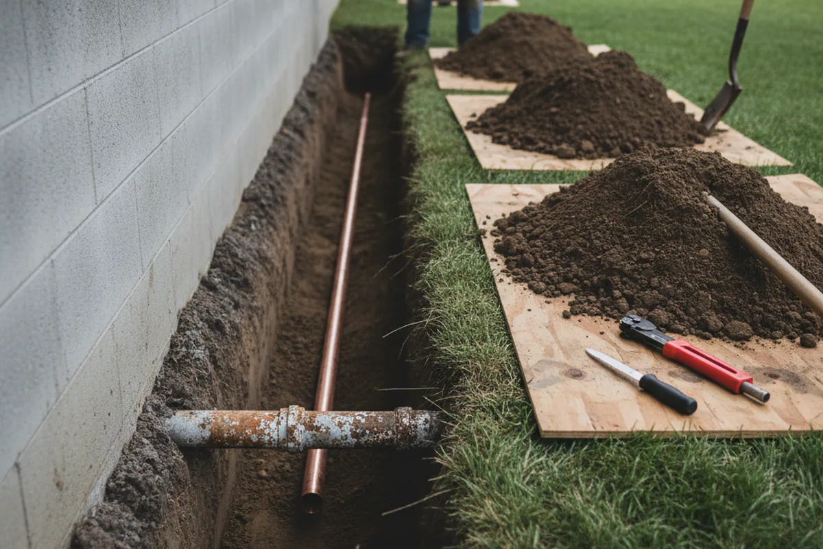 Excavated water line trench during Water Softener Installation in Morristown